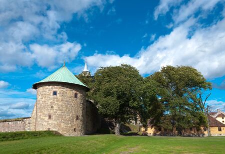 Castle tower with residential buildings and trees against the sky with cloudsのeditorial素材