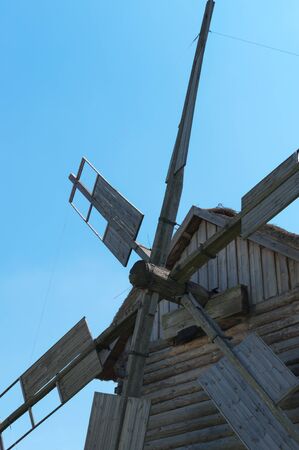 Old wooden propeller wind mills close-up 