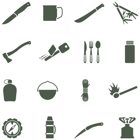 Set of vector icons with camping equipment and accessories. All elements are on separate layers. Possible to easily change the colors and size without losing image quality.のイラスト素材