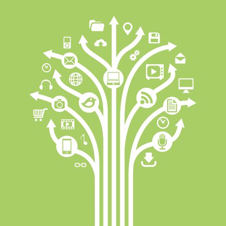 Gadgets and technology symbols on tree with arrow. Conceptual illustration.のイラスト素材