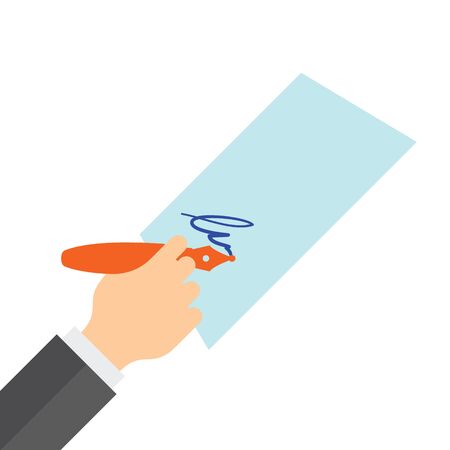 Hand holding a fountain pen and sign on paper. Flat illustration.のイラスト素材