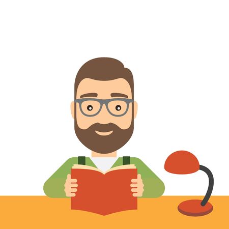 Man reads a book while sitting at the table. Concept of science, education and cultural development.のイラスト素材