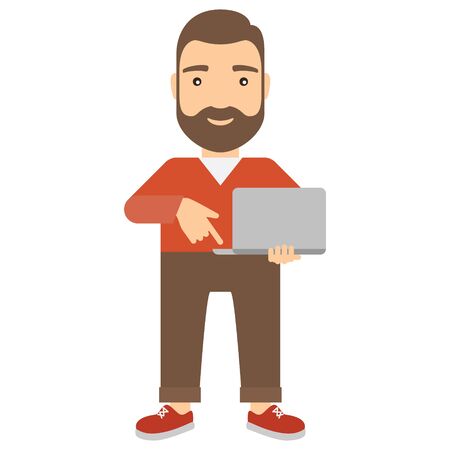 Man with notebook presses button on keyboard.のイラスト素材