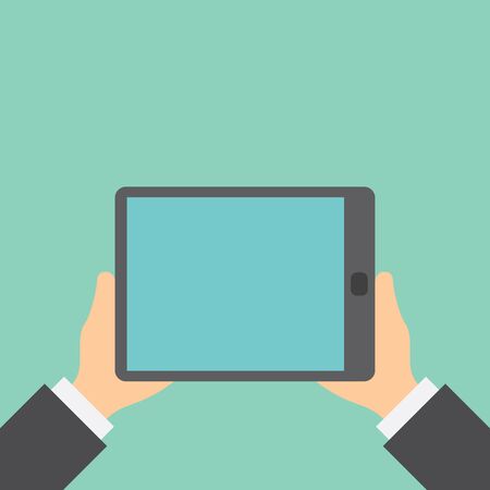 Tablet in the hands closeup. Concept flat style vector illustration.のイラスト素材