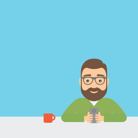 Young man is holding a smartphone while sitting at a table.のイラスト素材