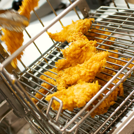 Cooking breaded chicken slices in the kitchen in fast food restaurantの写真素材