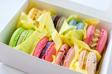 Macaroons in a cardboard gift boxの写真素材