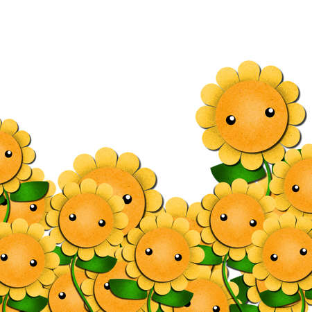 sunflowers cartoon in field-outdoor background. create from recycled paper craft. の写真素材