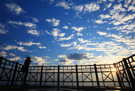 sunrise view with terrace and blue skyの写真素材