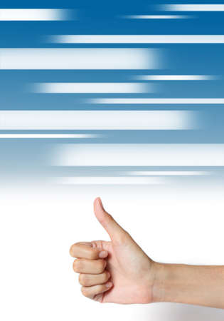 hand thumb up on abstract media blue background.の写真素材