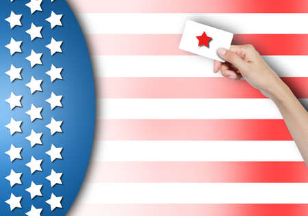 Hand holding vote card over USA flag background
