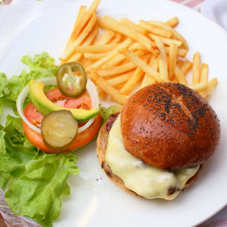 hamburger on dishの写真素材