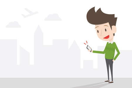 young man and mobie in city life, vectorのイラスト素材