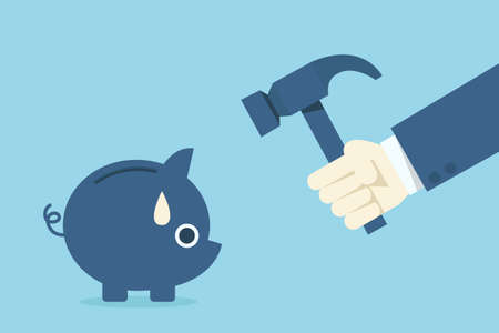 Hand holding hammer over piggy bank, vectorのイラスト素材
