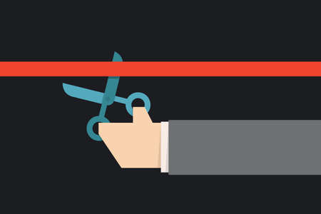 hand holding scissors cutting red ribbon, vector.のイラスト素材