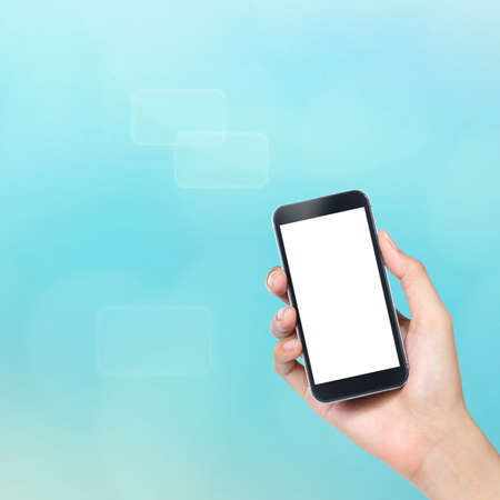 modern mobile phone on blue icon backgroundの写真素材