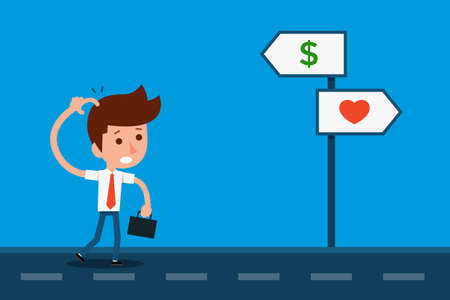 Businessman confusing signpost cartoon.のイラスト素材