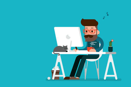 Happy man working on computer cartoon.のイラスト素材