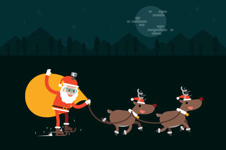 Santa Claus and Reindeers in starry night background.のイラスト素材