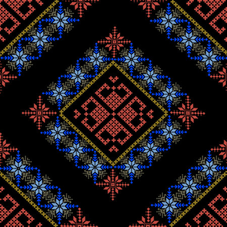 Ethnic geometric seamless fabric pattern Cross Stitch embroidery oriental Pixel pattern Detailed Vector Illustration for Textile Print Design CrossStitch,frame,decoration,motifs,waのイラスト素材