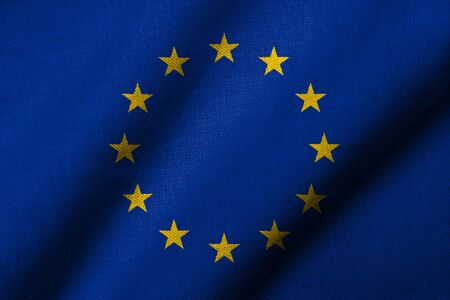 Realistic 3D flag of European Union with fabric texture waving.の写真素材