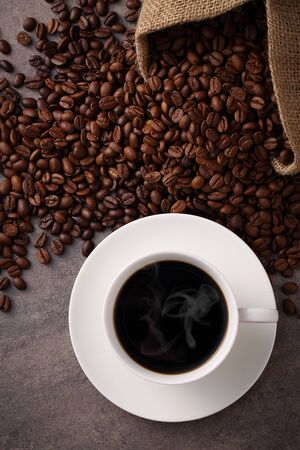 Hot Coffee and Coffee Beansの写真素材
