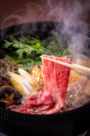 Shabu shabu - japanese hot pot with beefの写真素材