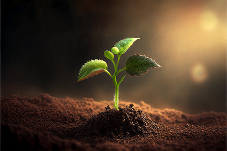 Green plant growing in soil on dark background. Concept of new lifeの素材