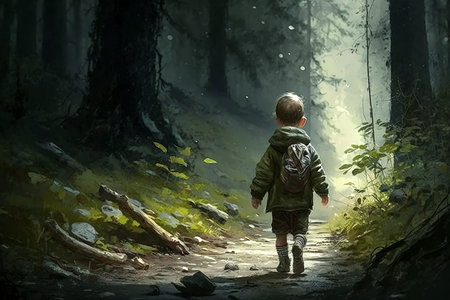Little boy walking in the forest. Fantasy and imagination. 3D renderingの素材