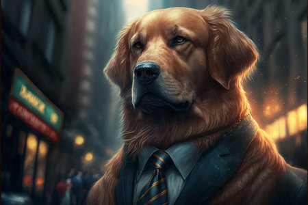 Golden Retriever dog in a business suit on the street.の素材