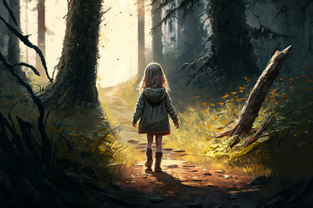 Little girl in the autumn forest. Fantasy illustration. Digital painting.の素材