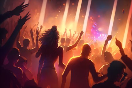 Crowd at a music festival dancing and having fun. Colorful backgroundの素材