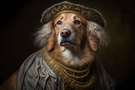 Golden Retriever in a pirate costume on a dark background.の素材