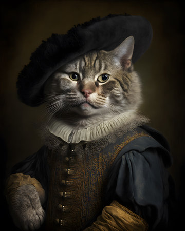 Portrait of a Maine Coon cat in a hat on a dark background.の素材