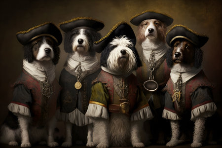 Group of dogs in pirate costumes on dark background. Vintage style.の素材