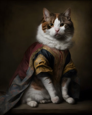 Tricolor cat in a medieval costume on a dark background.の素材