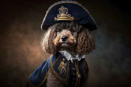 Portrait of a dog in a pirate costume on a dark backgroundの素材