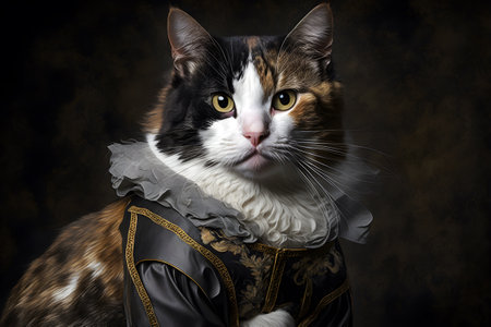 Tricolor cat in a medieval costume. Portrait on a dark background.の素材