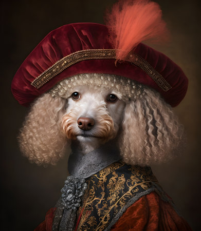 Portrait of a poodle dog wearing a red beret.の素材