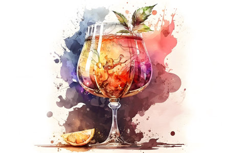 Cocktail in a glass with watercolor splashes. Vector illustration.の素材