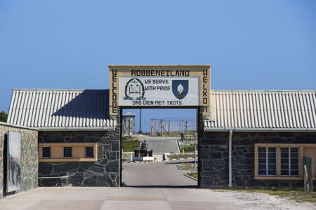 A  Welcome to Robben Island  sign at the harbour on the island