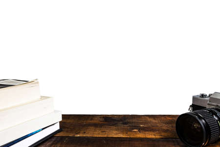 Camera Book Stack on wooden tableの写真素材