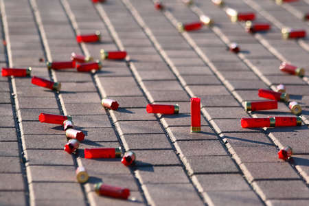 Surgut, Russia, 09/26/2015.Amateur competitions in shooting on flying clay targets. Hunting cartridges are scattered as a background.のeditorial素材