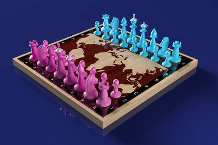 Blue and pink chess pieces are on the starting positions on the chessboard with the world map. Blue...