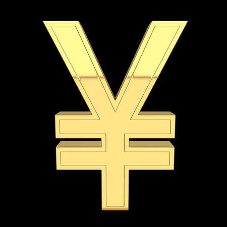 3D visualization of symbol, currency sign-yen or yuan, Japanese or Chinese currency. Metallic, gold, isolated on black background.の写真素材