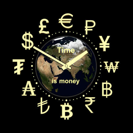 3D rendering of the clock on the Earth background, with the inscription time is money, a dial with...