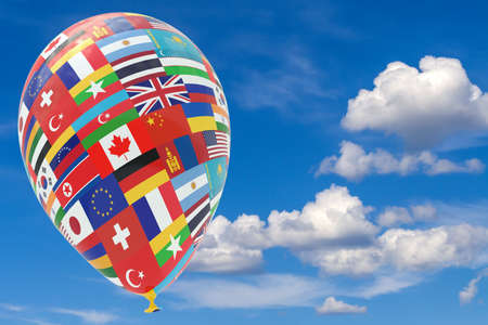 Balloon with national flags of the world in the blue sky. 3D render, illustration with a copy space.の写真素材