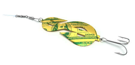 Dollar fishing lure. Fishing lure with a picture of a 100-dollar bill. 3D visualization illustration...