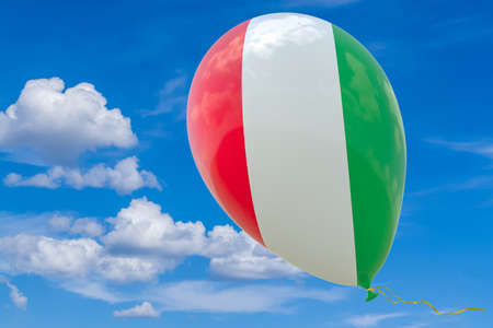 Balloon with the image of the national flag of Italy flying against the blue sky. 3D visualization, illustration with a copy of the space.の写真素材