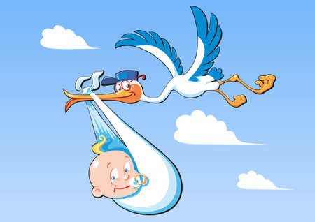 Cute cartoon stork and baby. A flying bird carrying a newborn baby, against a blue sky with white clouds. Vector illustration.のイラスト素材